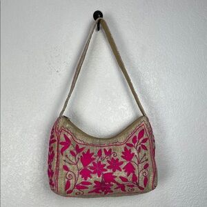 Pink Floral Embroidered Shoulder Bag 100% Hemp THC Free Top Zip Casual Summer